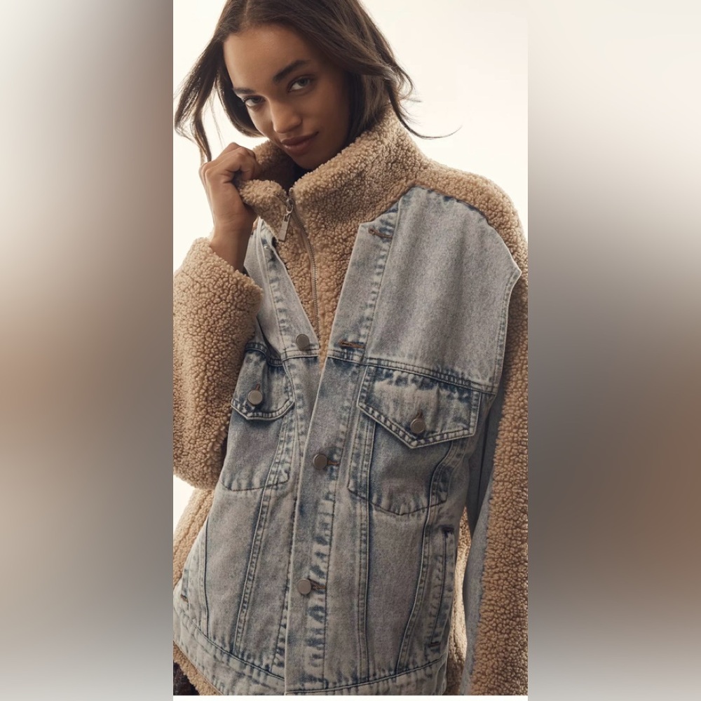 Anthropologie BLANKNYC Fuzzy Wuzzy Denim Sherpa Jacket Womens Size M NWT - Picture 2 of 8